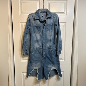 Fashion Nova Light Blue Distressed Denim Jumpsuit Romper